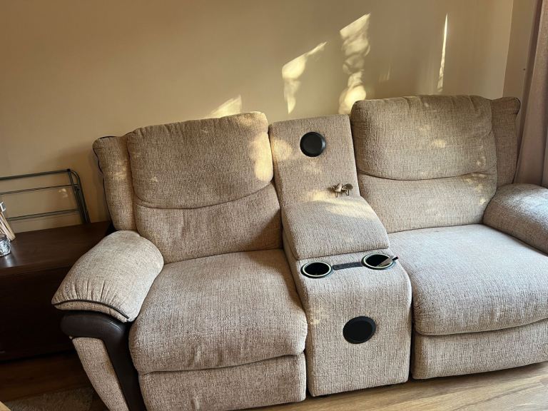 Modern 2 seat-sofa with recliner, storage, bluetooth and cup holders