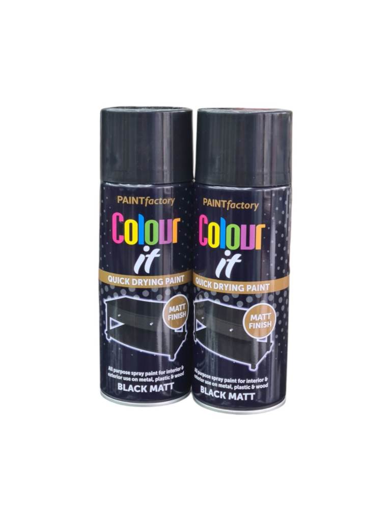 2 Piece Set Paint Factory Colour it Black Matt Spray Paint for Metal, Plastic & Wood