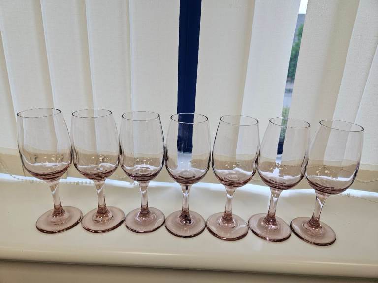 Seven Smoky Pink Wine Glasses Matching Set Stemmed Glassware