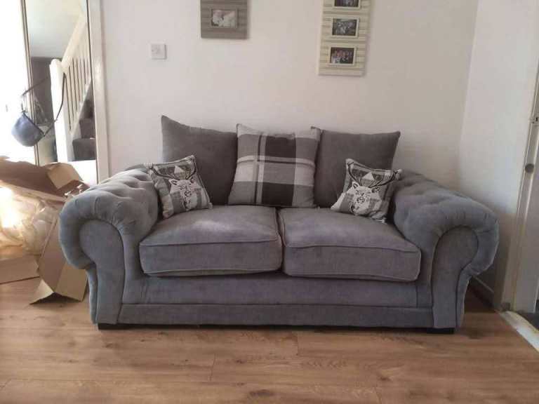 Luxury 2 Seater Harison Sofa – Grey Fabric Settee – Modern Scroll Arm Couch – Pay On Arrival