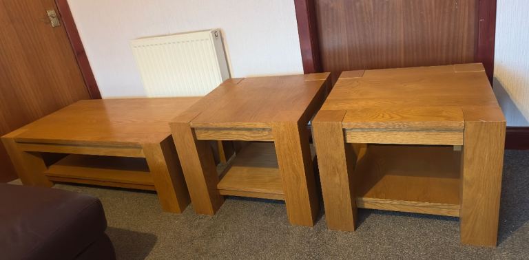 Solid wood oak veneer coffee table and 2x side tables