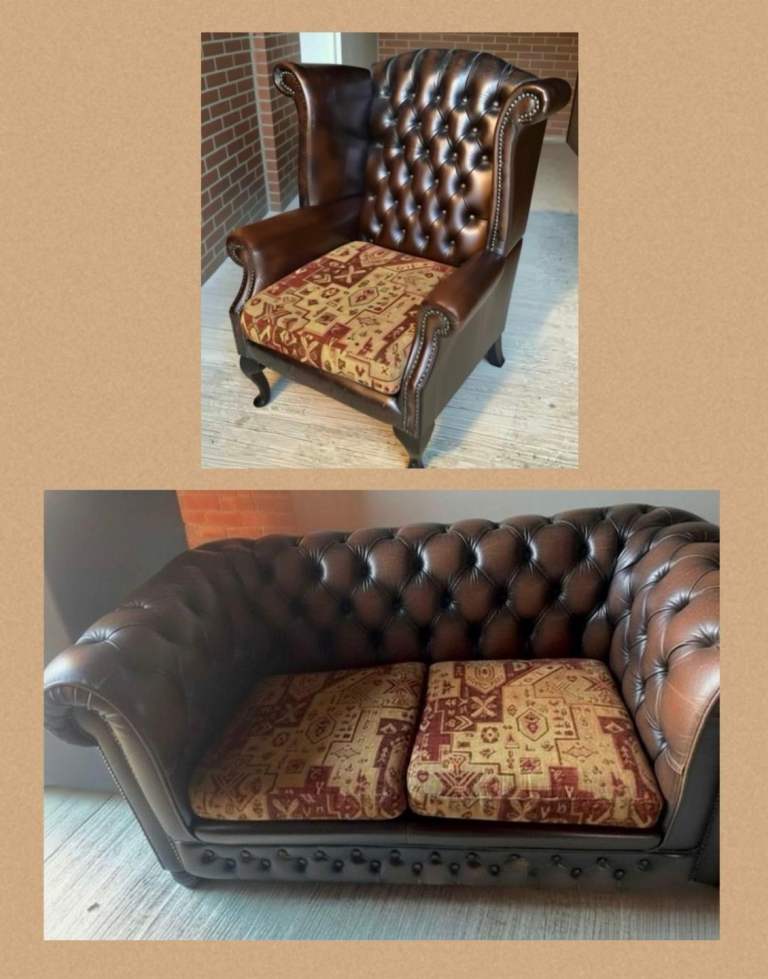 Chesterfield Sofa Set Queen Anne wingback chair  2 Seater sofa  Brown  Collect IPSWICH 