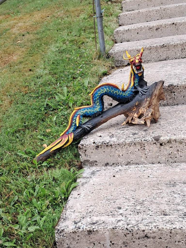 Colourful Hand-Carved Wooden Dragon Figurine – Great Condition