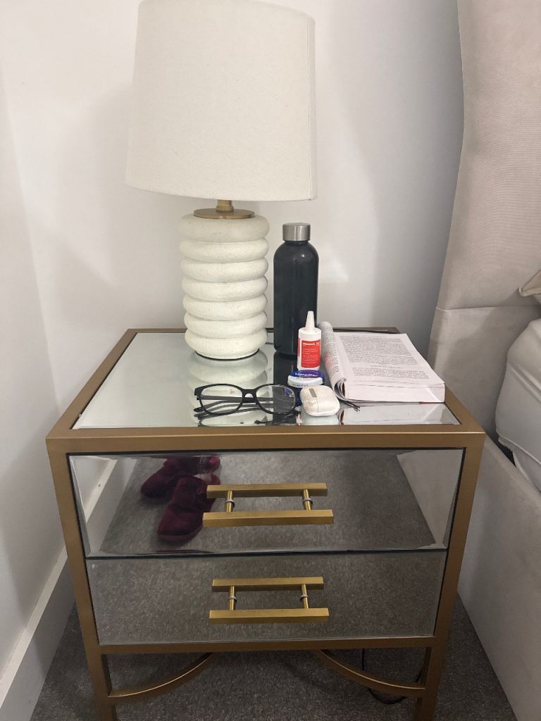 Gold metal and glass bedside tables 
