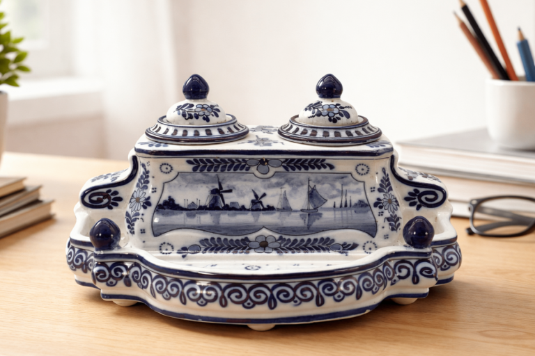 Dutch Delft Desktop Inkwell Stand Blue and White Faience Late 19th-Century