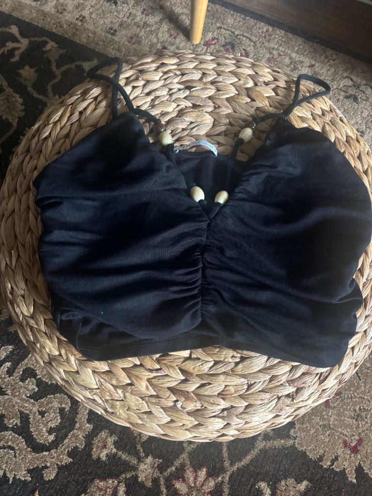 ZARA Black Ruched Crop Top with Beaded Straps
