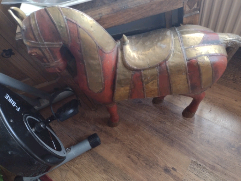 Vintage large solid wood and brass horse ornament 