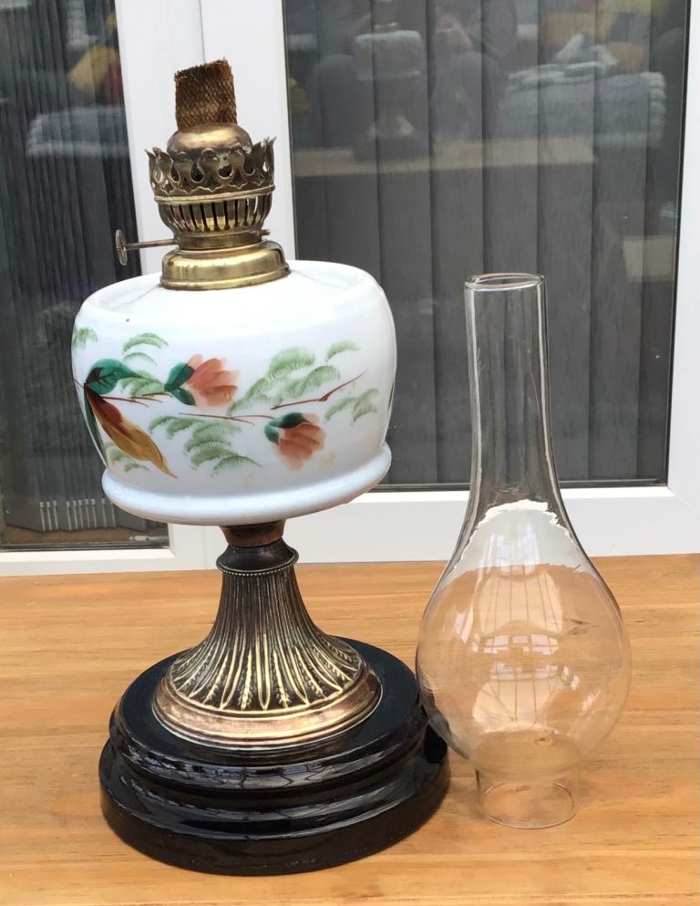  Antique Brass & Hand Painted Ceramic Single Burner Oil Lamp with Glass Funnel
