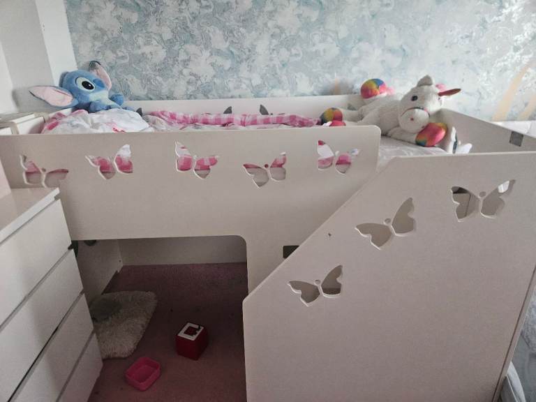 White Mid-Sleeper Bed with Butterfly Cut-Outs – Good Condition