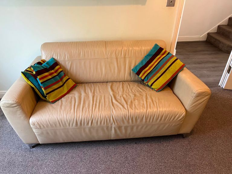 Cream Leather Two-Seater Sofa – Good Condition
