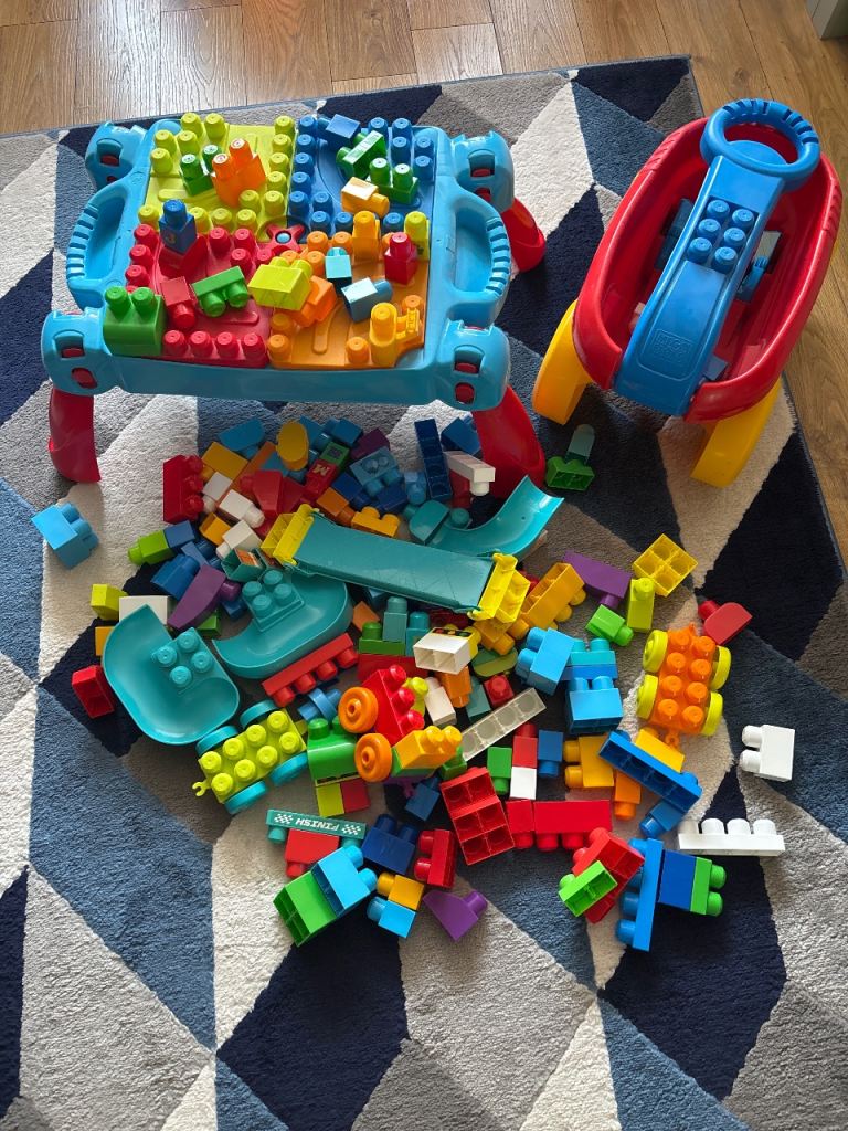 Large Set of Kids Building Blocks with Activity Table and Trailer