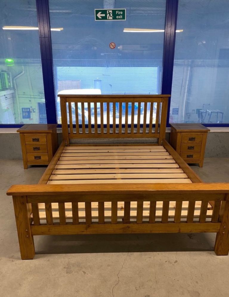 Solid Oak King Size Bed with Bedsides, Mirror and Tall Boy Chest of Drawers