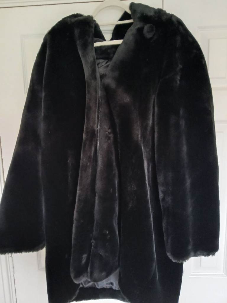 Ladies Dennis Basso Black Faux Fur Coat with Hood