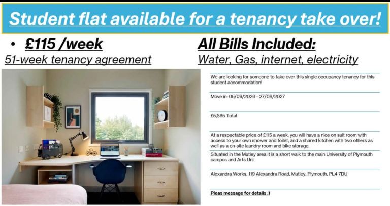 Student Tenancy take over needed Plymouth 51 weeks