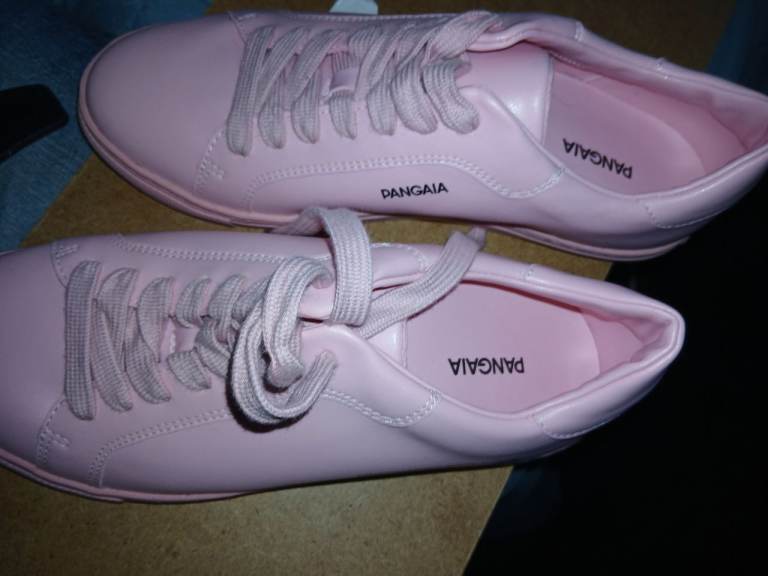 Pangaia pink trainers made from  grape leather and sole made from  86% natural rubber 