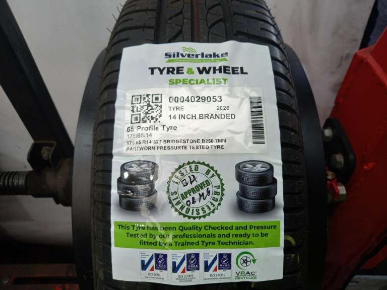 175 65 R14 82t Bridgestone B250 7mm Partworn Pressurte Tested Tyre