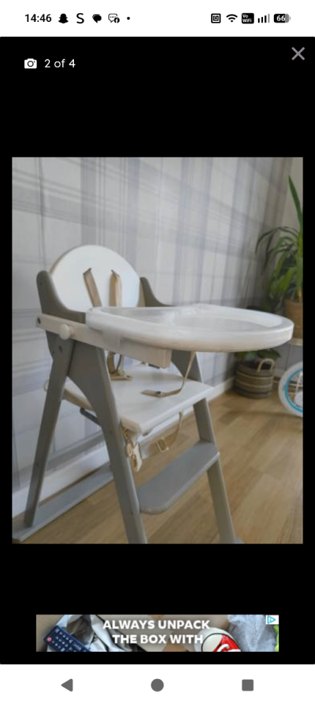 Wooden Baby High Chair with Tray – Grey & White, Good Condition