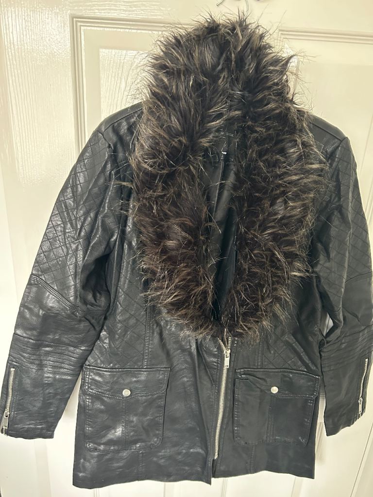 New Look Black Faux Leather Jacket with Removable Faux Fur Collar