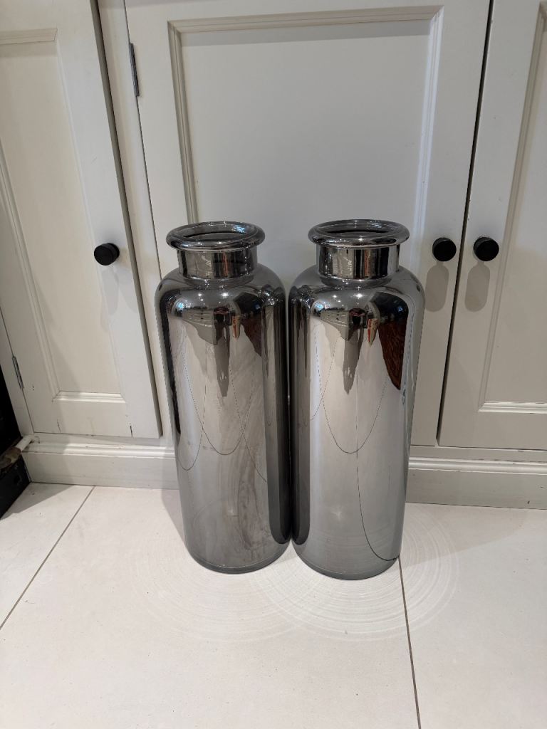 Pair of Large Smoked Glass Floor Vases Metallic Mirror Chrome Cylinder Urns 55cm