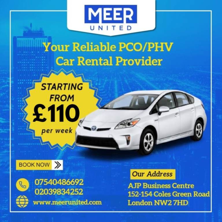 PCO CARS AVAILABLE FOR RENT FOR LONDON TAXI  TOYOTA PRIUS, KIA NIRO 4 ELECTRIC, MG ELECTRIC.