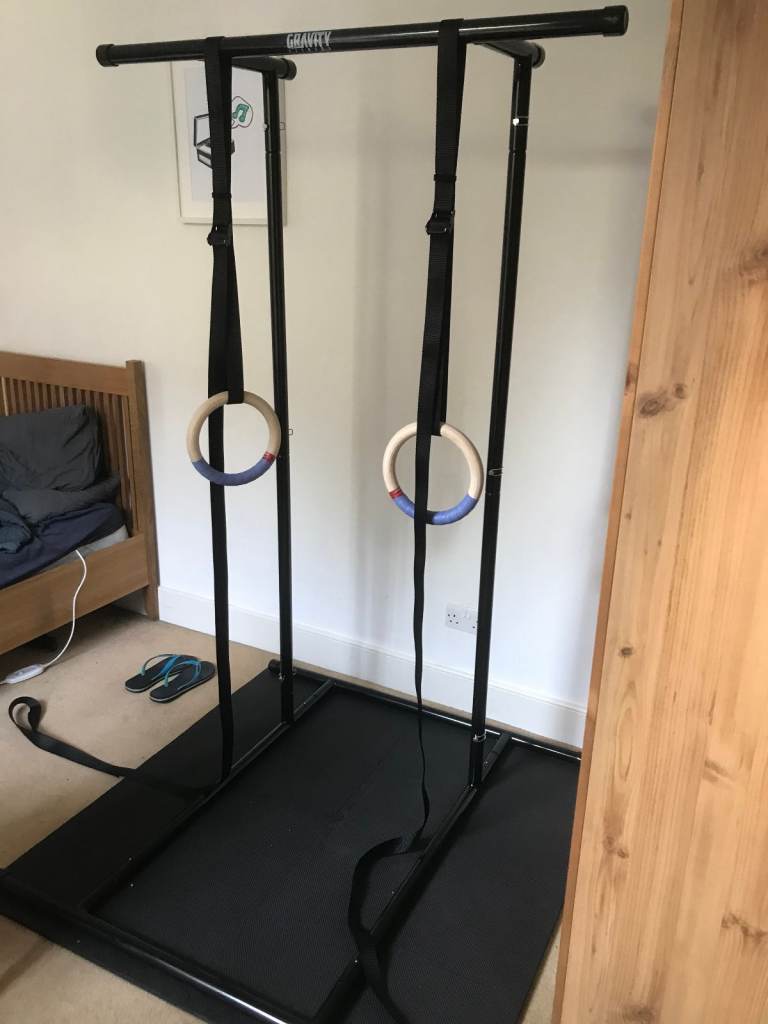 portable pull up bar, gymnastic rings, gym mats