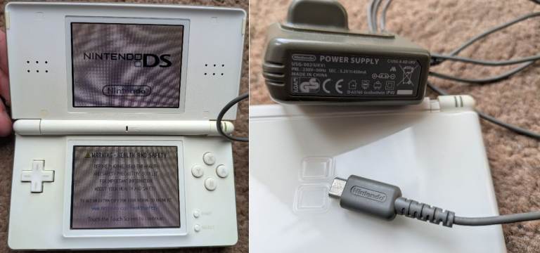 Nintendo DS Lite White With Genuine Charger WORKS HAS DAMAGED NOT BROKEN HINGE
