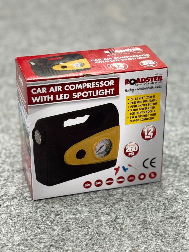 Car Air Compressor with LED Spotlight – 12V Portable Tyre Inflator 260 PSI