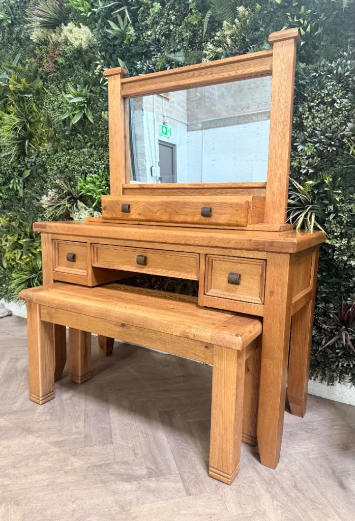 Solid oak vanity set & bench