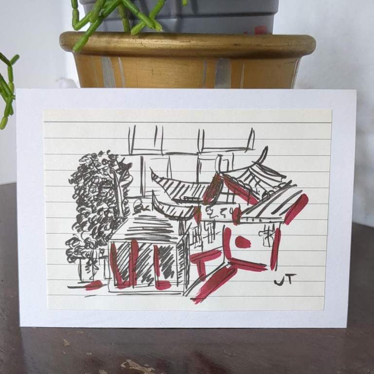 Hand-drawn art on paper 'Traditional Chinese House'  