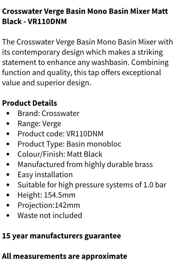 CROSSWATER BATH MIXER SHOWER AND BASIN TAP MATT BLACK BRAND NEW VR422DM VR110DNM 