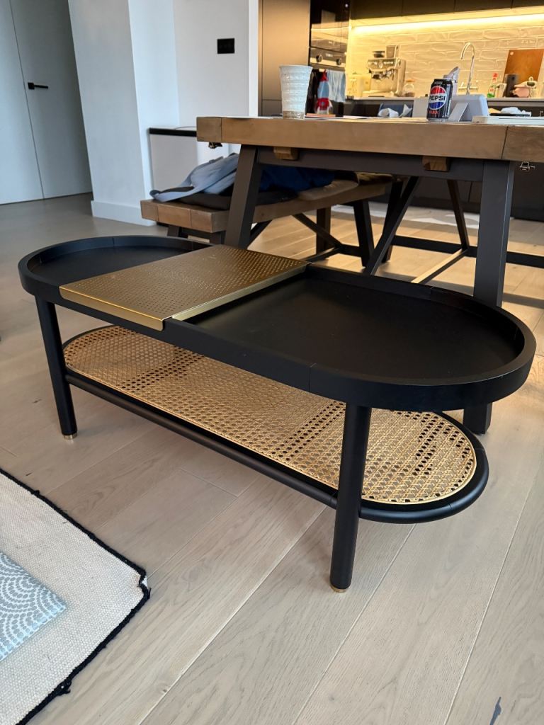 made com ankhara coffee table black oak and rattan