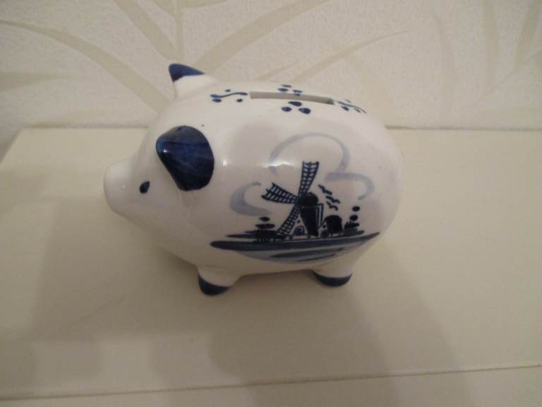 BLUE AND WHITE PIG MONEY BOX