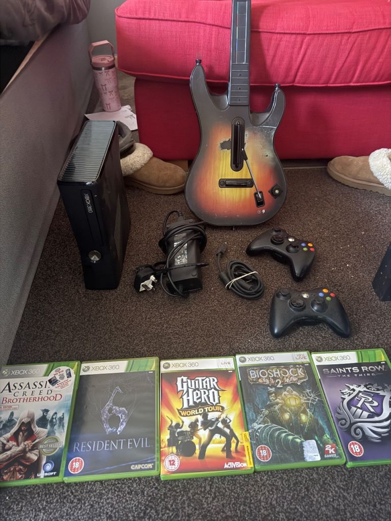 Xbox 360 Console Bundle with Guitar Hero & Games – Good Condition