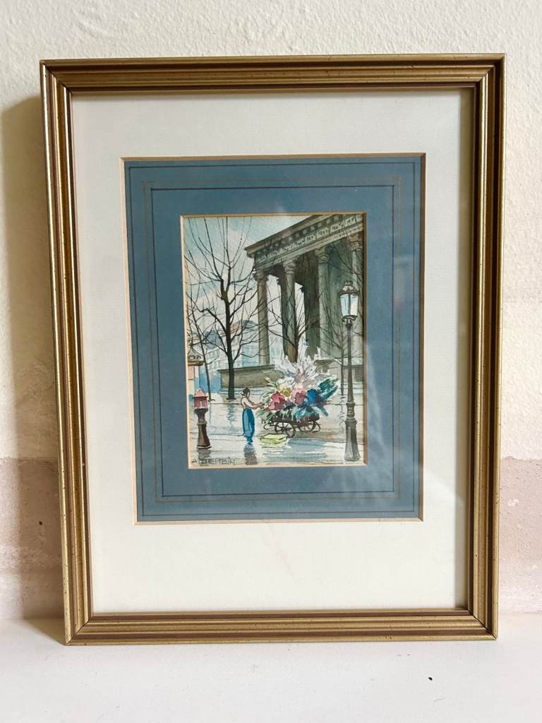 VINTAGE WATERCOLOUR PICTURE. Old view London? Paris? Framed matted glazed