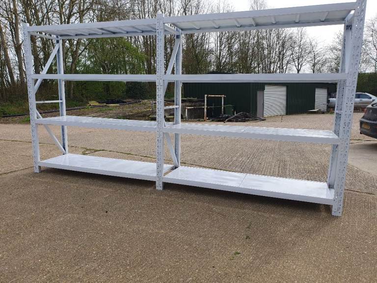 White Metal Racking Shelving with Metal Trays. 2 Complete Bays. 200kgs per shelf