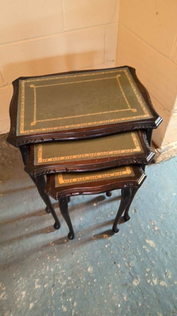 vintage nest of 3 glass n green leather top tables