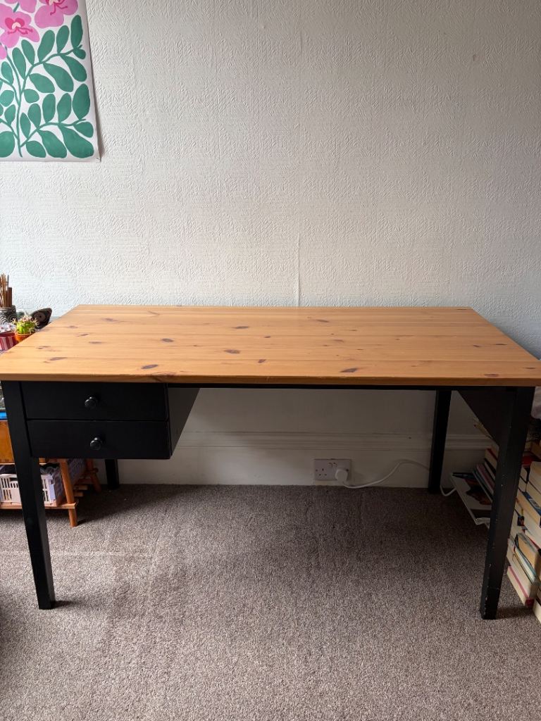 IKEA HEMNES Desk with 2 Drawers – Solid Pine & Black Frame