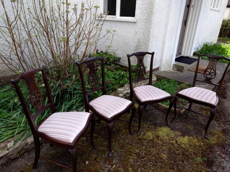 Set of four antique Edwardian hall or side or bedroom chairs. Inherited, refurbished, recovered.  