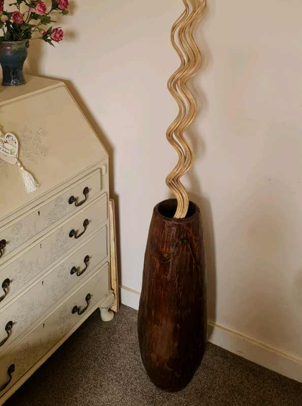 Large Vintage Primitive Hollowed Out Wooden Floor Standing Vase