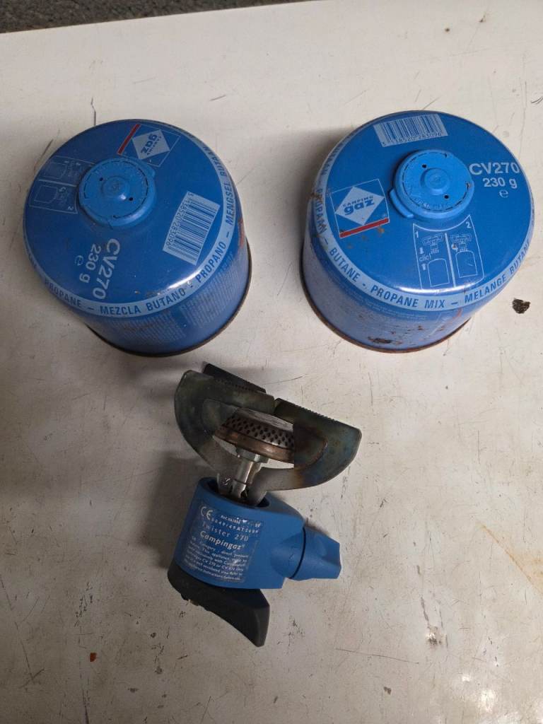 camping stove and two gas bottles 