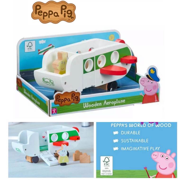 Brand New Peppa Pig Wooden Aeroplane Jet inc Miss Rabbit Figure and 2 Suitcases