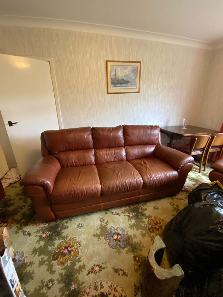 3 seater leather sofa and 2 matching chairs