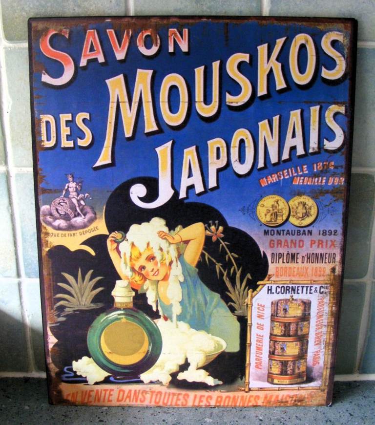 Vintage-Style Savon Mouskos Des Japonais French Soap Advertising Metal Sign