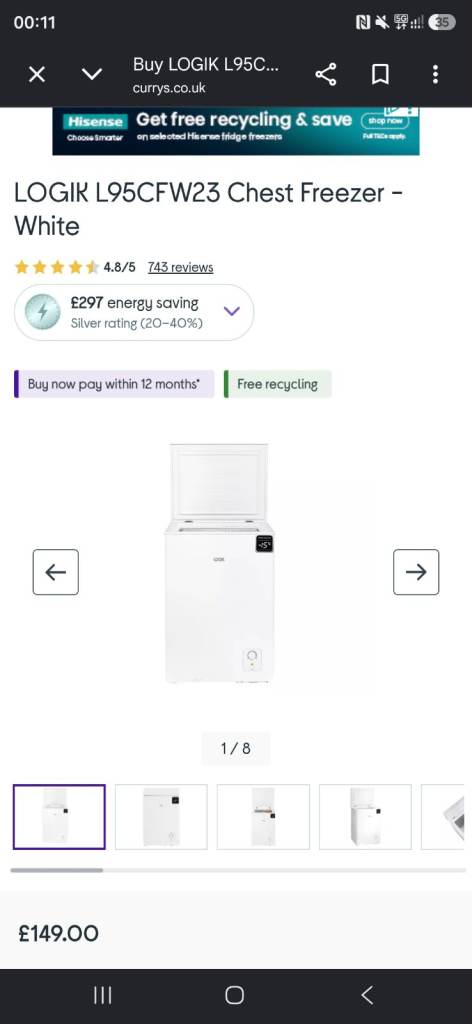 LOGIK L95CFW23 Chest Freezer – White, Good Condition