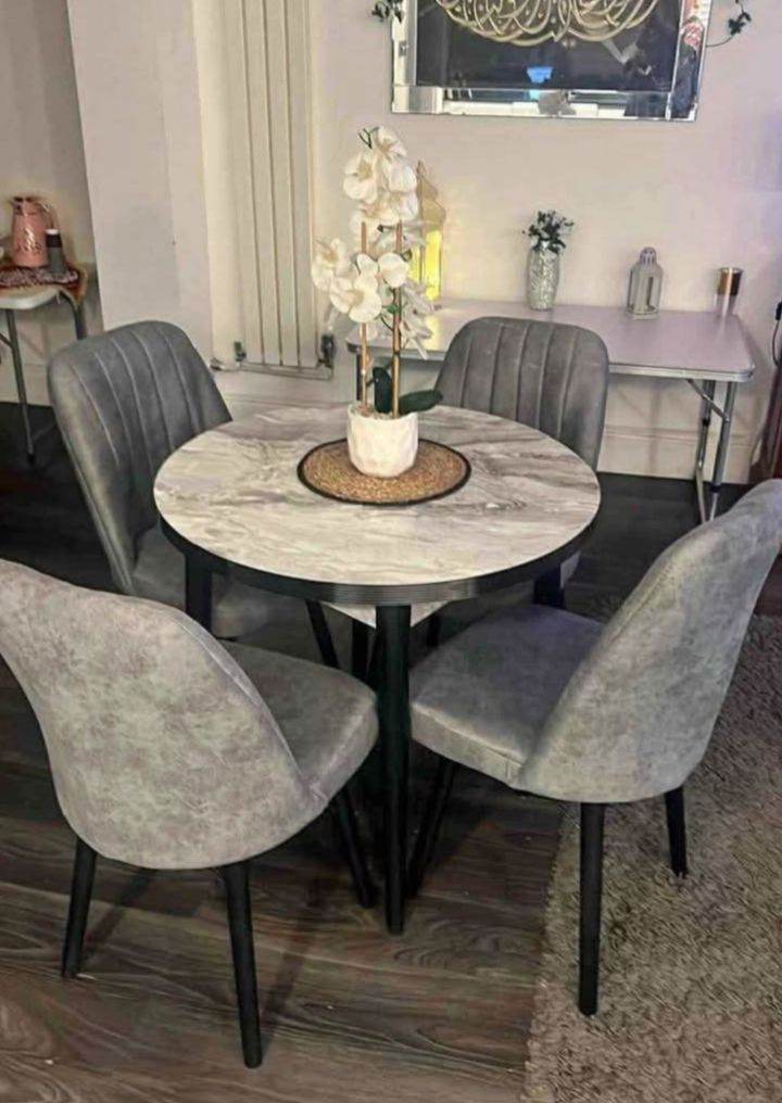 Round Grey Marble Effect Dining Table and 4 Chairs
