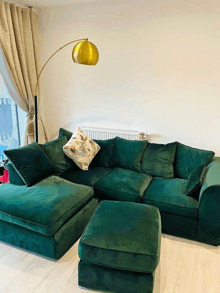 Green Plush Corner Sofa with Footstool