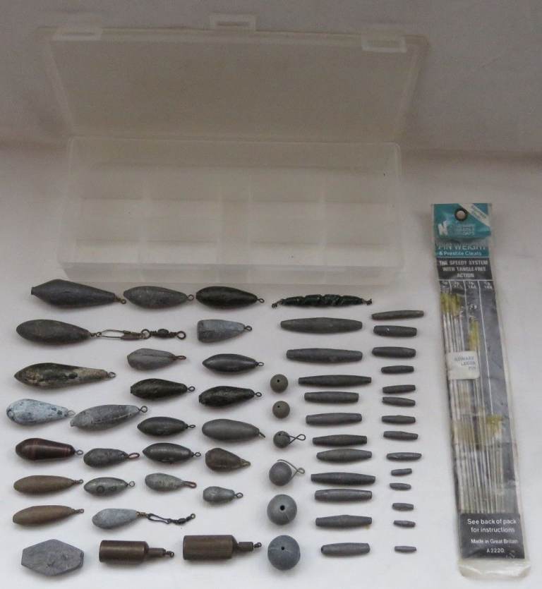 Coarse match fishing weights job lot in box plus set of Newark leger pin weights