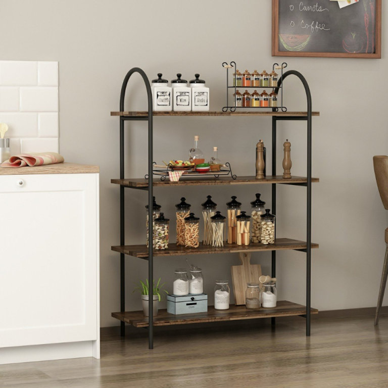 Metal 4 Tier Shelf for Kitchen, Bedroom, Bathroom, Shelving Old Wood Effect Shelves, 120cm