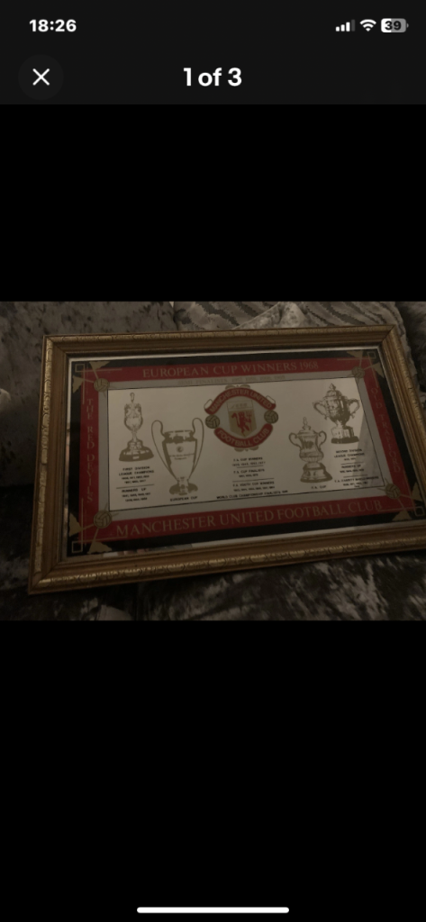 Man United wall mirror European cup winners antique collectible 