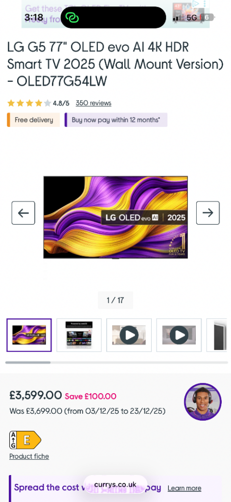 CAN DELIVER, SAVE £850 RRP £3599 BRAND NEW SEALED LG G5 77" OLED EVO AI 4K HDR SMART TV OLED77G54LW 